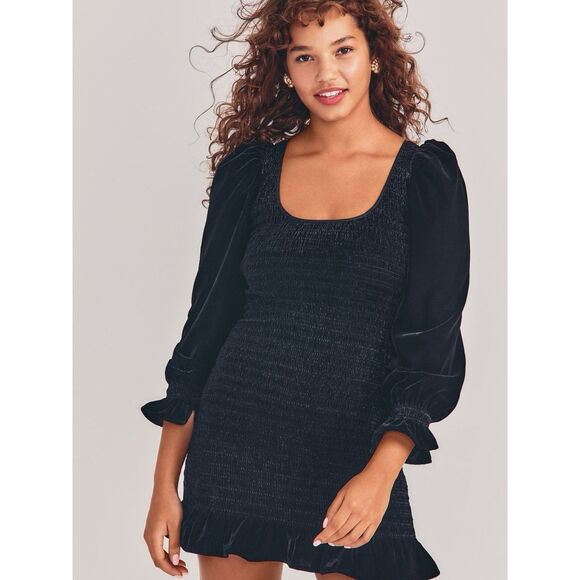 NWOT LoveShackFancy Dorset Velvet Smocked Long Sleeve Mini Dress in Black Sz M - Picture 3 of 16